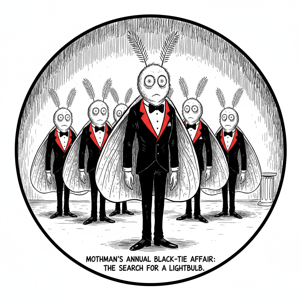 Far Side-style cartoon of Mothmen in black tuxedos with red highlights