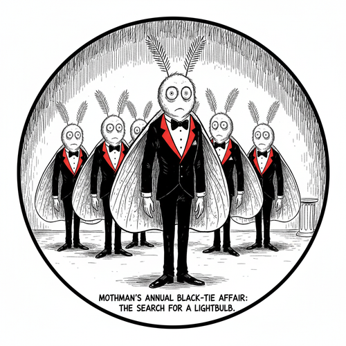 Far Side-style cartoon of Mothmen in black tuxedos with red highlights
