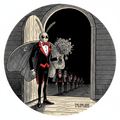 Far Side-style cartoon of a Mothman in a tuxedo holding flowers at a door at night, with other Mothmen in formation behind him