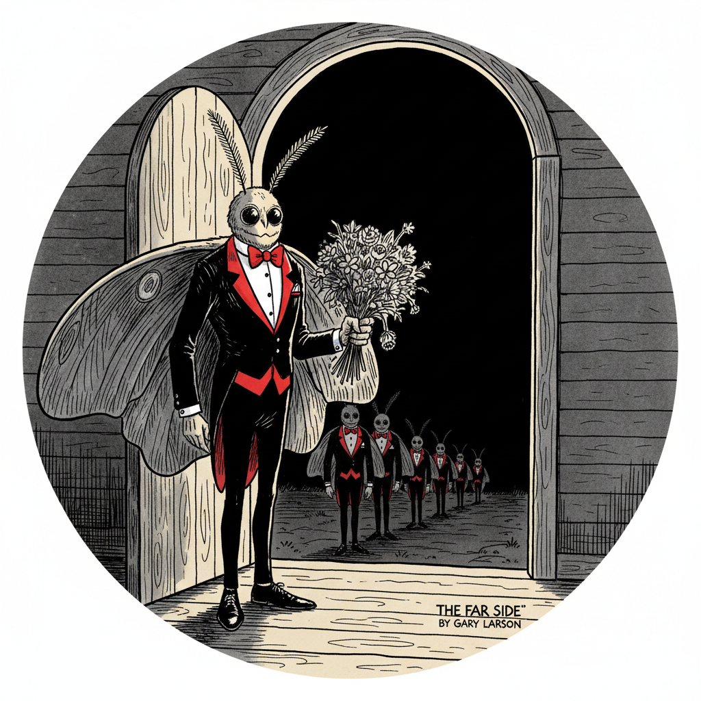 Far Side-style cartoon of a Mothman in a tuxedo holding flowers at a door at night, with other Mothmen in formation behind him