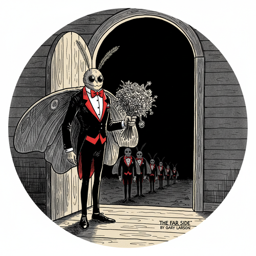 Far Side-style cartoon of a Mothman in a tuxedo holding flowers at a door at night, with other Mothmen in formation behind him