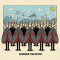 Far Side-style cartoon of large Mothmen in black tuxedos with antennae, backs to viewer, surveying a chaotic crowded beach