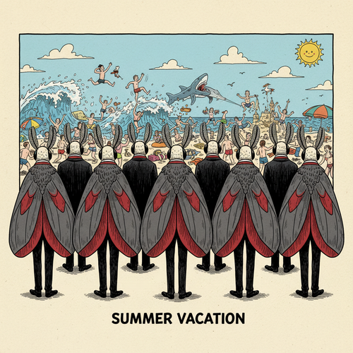 Far Side-style cartoon of large Mothmen in black tuxedos with antennae, backs to viewer, surveying a chaotic crowded beach