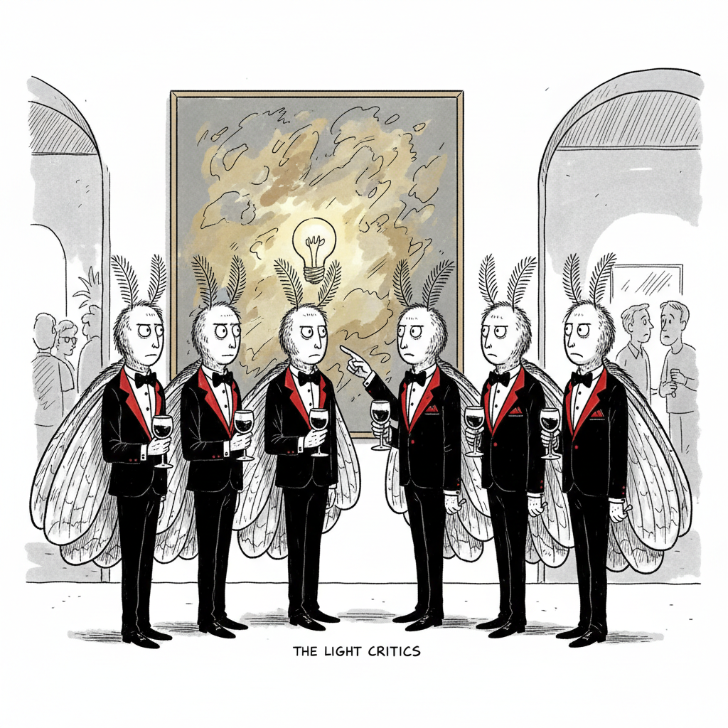 Far Side-style cartoon of Mothmen in black tuxedos with red highlights studying a painting at a gallery opening