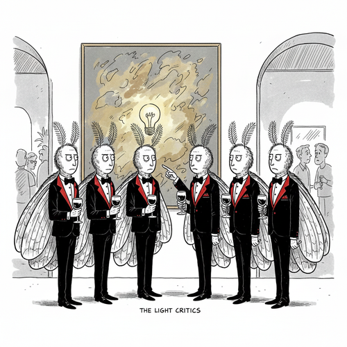 Far Side-style cartoon of Mothmen in black tuxedos with red highlights studying a painting at a gallery opening