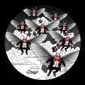 Far Side-style cartoon of Mothmen in black tuxedos with red highlights flying in V formation through clouds