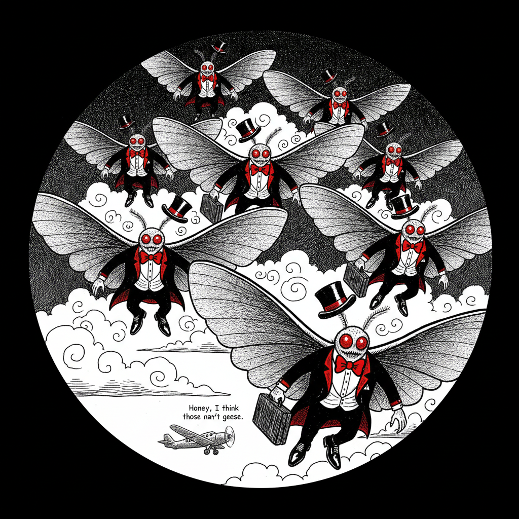 Far Side-style cartoon of Mothmen in black tuxedos with red highlights flying in V formation through clouds